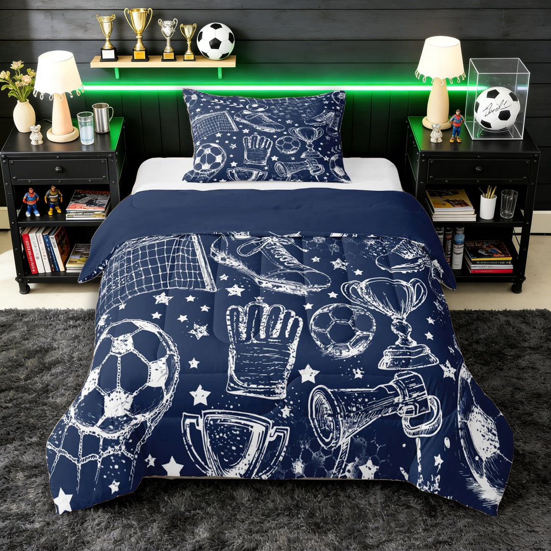 Erosebridal Teens Sport Soccer Twin Comforter Sets 3-Piece,Graffiti Football Stars Print Bedding Set for Kids Boys Girls,Navy Blue Reversible,Microfiber Bedroom Decor