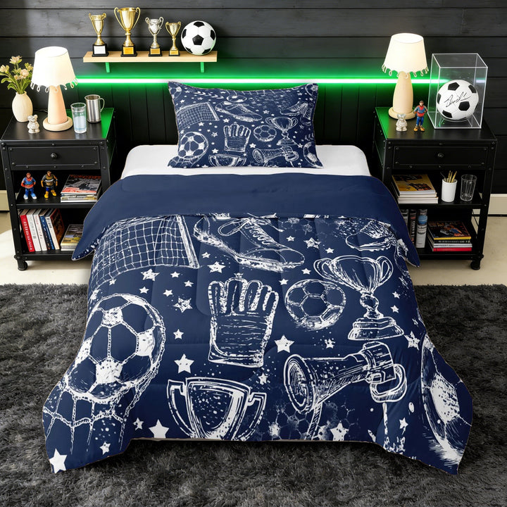 Erosebridal Teens Sport Soccer Twin Comforter Sets 3-Piece,Graffiti Football Stars Print Bedding Set for Kids Boys Girls,Navy Blue Reversible,Microfiber Bedroom Decor