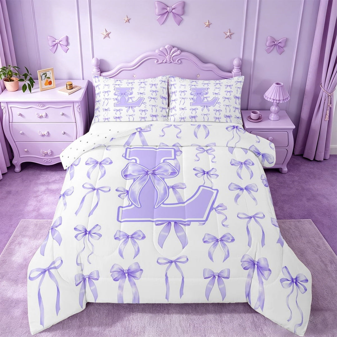 Manfei Purple Ribbon Bowknot Full Size Comforter Sets For Kids,Bow Theme Letter L Monogram Bedding Sets,Reversible,3pcs