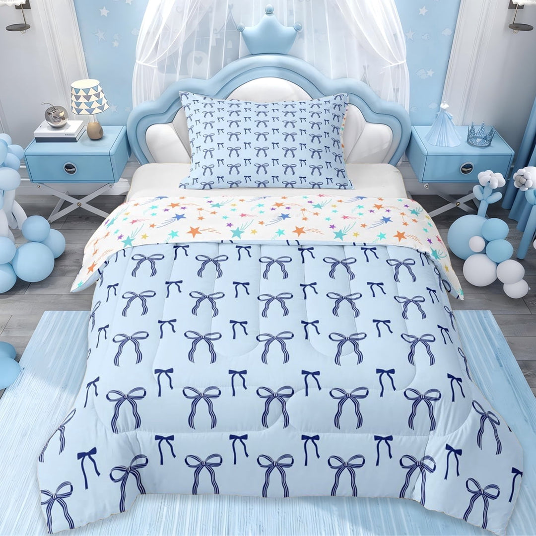 Erosebridal Blue Bows Twin Comforter Sets For Bowknot Girl,Cartoon Kawaii Bowtie Bedding Set,Dreamy Princess Style, Reversible 2 Pieces