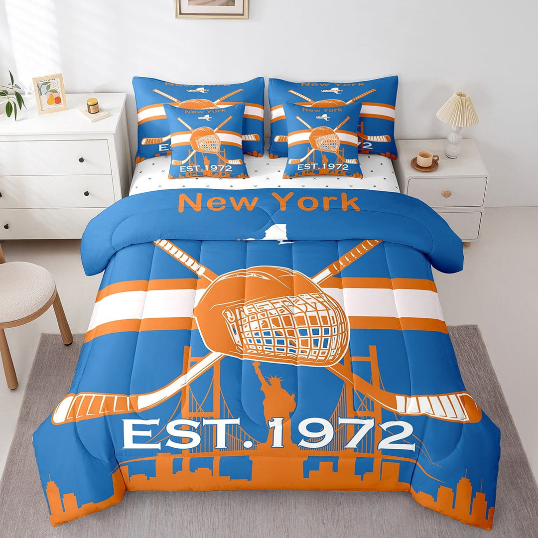 7 Pieces Bed in a Bag Twin Comforter Set with Sheets, Ice Hockey Design Bedding Sets for All Season (1 Comforter, 2 Pillow Shams, 1 Flat Sheet, 1 Fitted Sheet, 2 Pillowcases),New York
