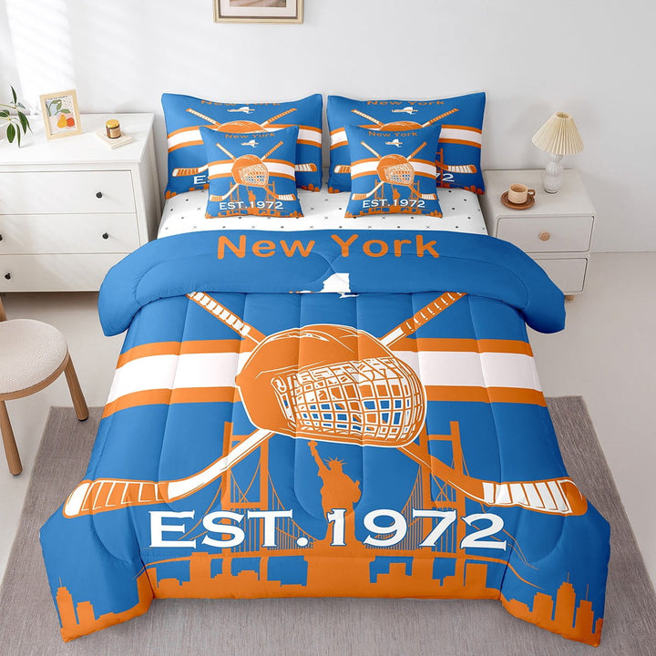7 Pieces Bed in a Bag Twin Comforter Set with Sheets, Ice Hockey Design Bedding Sets for All Season (1 Comforter, 2 Pillow Shams, 1 Flat Sheet, 1 Fitted Sheet, 2 Pillowcases),New York