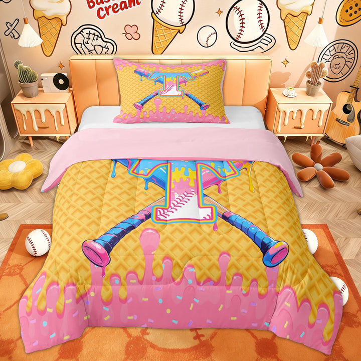 Erosebridal Kids Kawaii Baseball Twin Comforter Sets, Ice Cream Monogrammed T Bedding Set, Pink Reversible, 2 Pieces