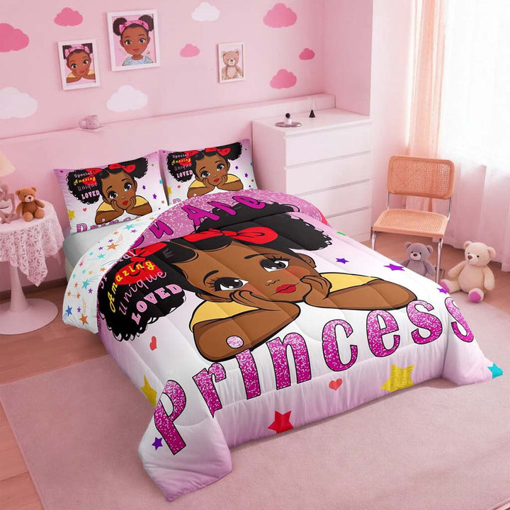 Erosebridal Black Little Full Bedding Sets American African Princess Comforter Set Cute Reversible Colorful Stars Down Comforter Kawaii Magical Bed Set Pink Black Room Decor