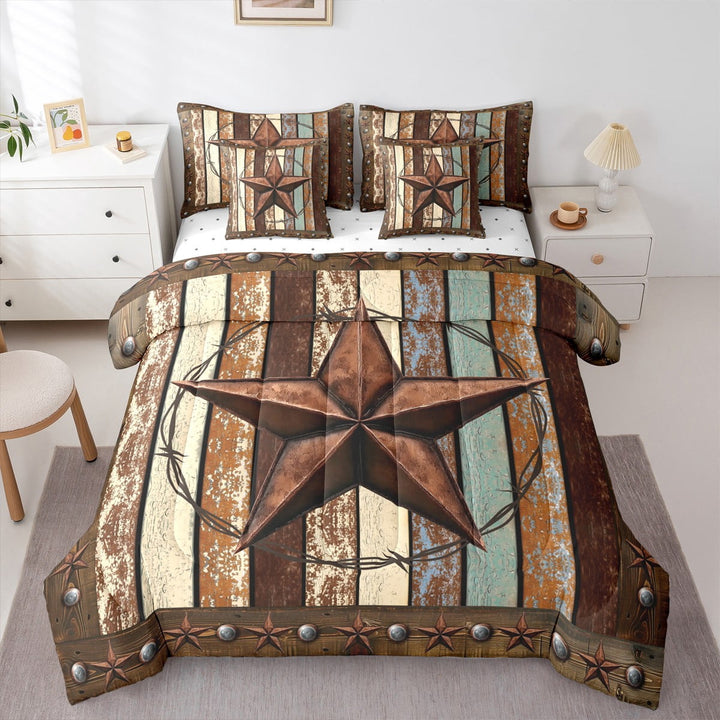 7 Pieces Queen Size Western Texas Star Comforter Set,Vintage Wooden Plank Bedding Set,Rustic Farmhouse West Cowboy Brown Retro(Comforter+Fitted+Flat Sheet+2 Pillowcases+2 Throw Pillow Covers)