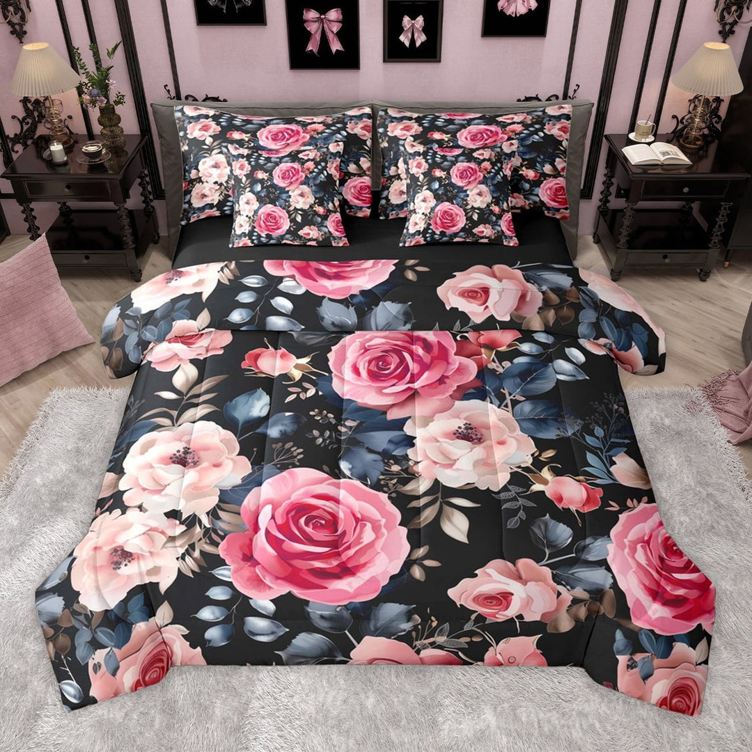 Manfei Pink Floral Rose 7-Piece Twin Bedding Sets for Teens Girls Women,Chic Flowers Bedding Comforter Set,Spring Graden Breathable Sheet Sets,Super Cozy Room Decor,Reversible