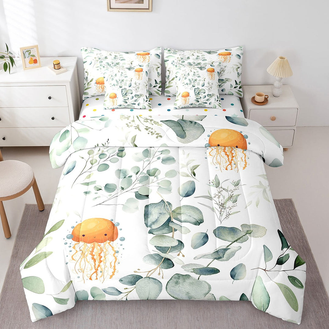Kawaii Jellyfish Bed in a Bag 7-Piece Cartoon Animal Bedding Set, Eucalyptus Leaves Twin Comforter Set Ocean Wildlife Bedding Comforter Sets, Tropical Botanical Bed Set
