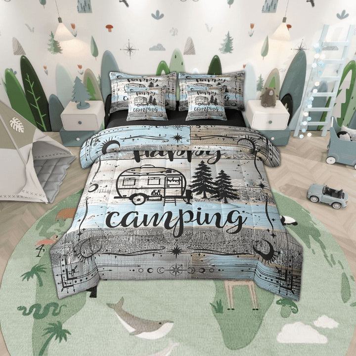 Erosebridal Boho Camper Decor Comforter Set 7 Piece King Happy Camping Bedding Set Rv Accessories Bed In A Bag For Travel Trailers Bunks,Rustic Farmhouse Stars Moon Bed Set Blue Grey