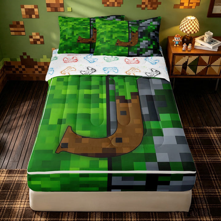 meiyoeat Pixel Game Letter J Zipper Full Size Comforter Sets with Fitted Sheet and 2 Pillowcases for Girls Boys, Green Brown Blocks Abstract Zipper Bedding Set, Gamepad Reversible, 4pcs