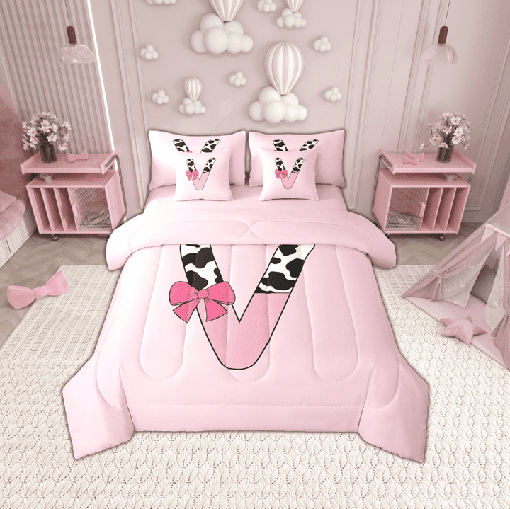 Erosebridal Letter Initial V Bedding Sets Twin Size,Kawaii Bow Comforter Sets with Sheets,Super Cozy Reversible Bed in a Bag Twin size,Cow Print Decor,7pcs