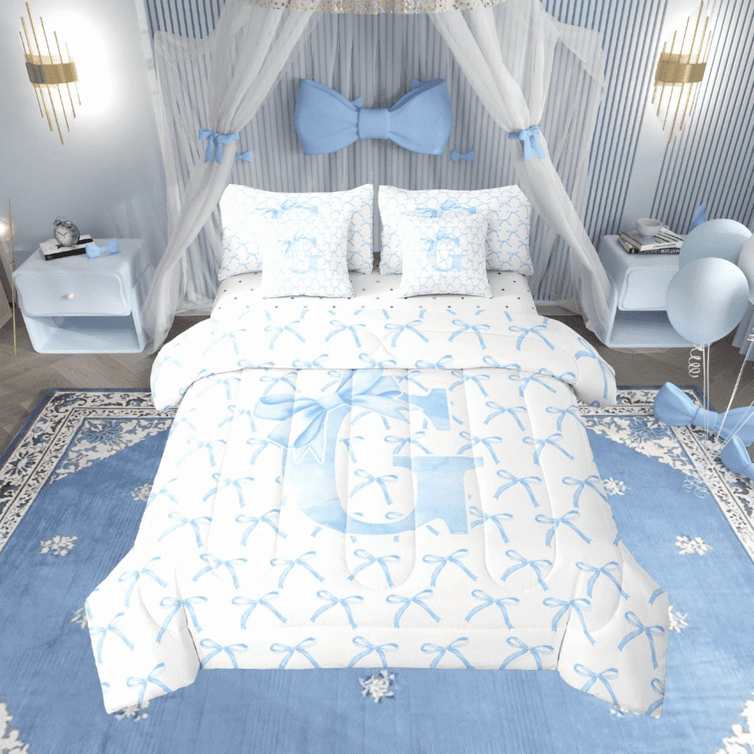 Erosebridal Monogrammed Bow Tie Bedding Sets Twin Size,Dreamy Princess Comforter Sets with Sheets,Letter Bedroom Decor,Reversible,7pcs