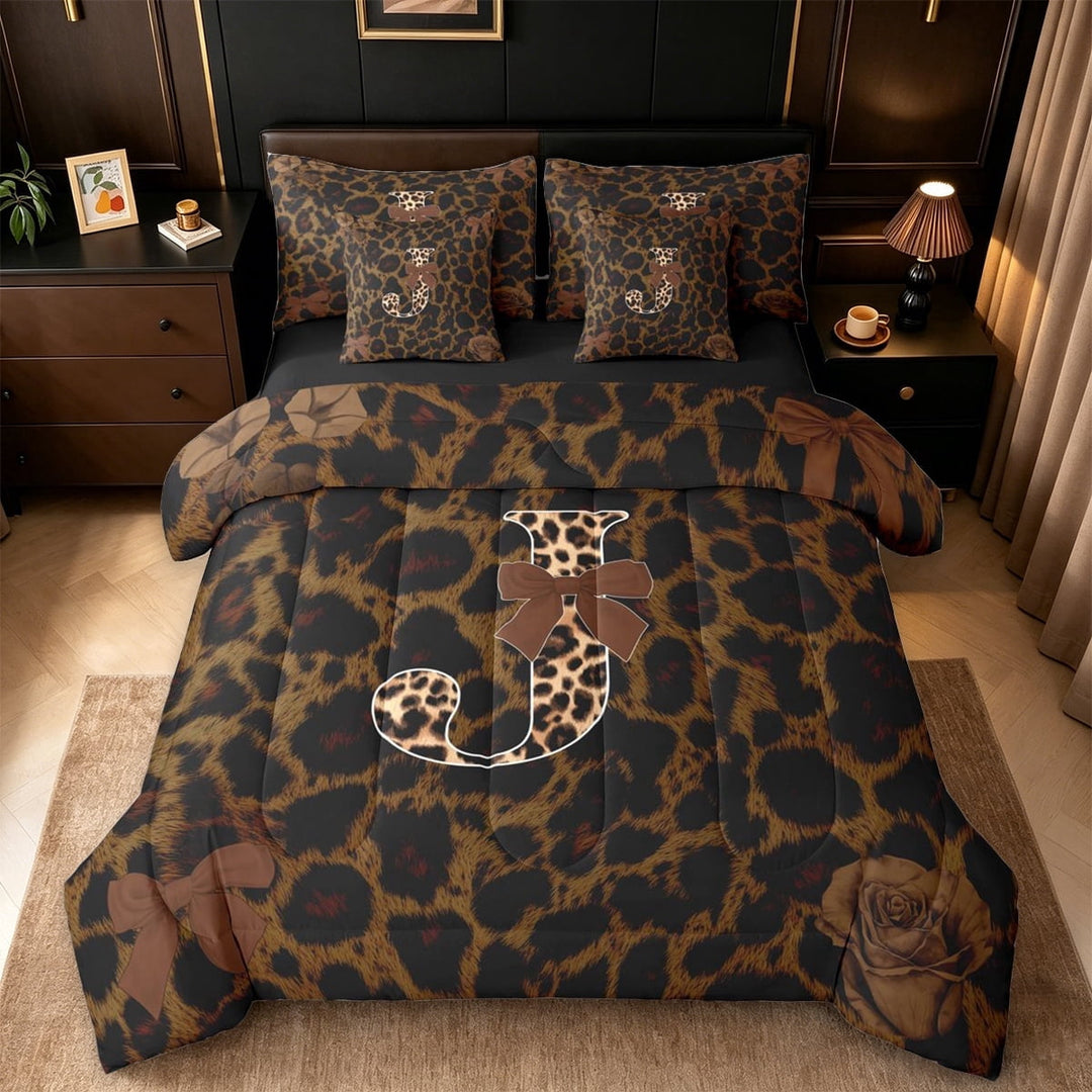 Erosebridal Wild Cheetah Print 7-Piece Twin Bedding Sets,Leopard Pattern J Alphabet Bedding Comforter Set For Kids Girls,Black Reversible