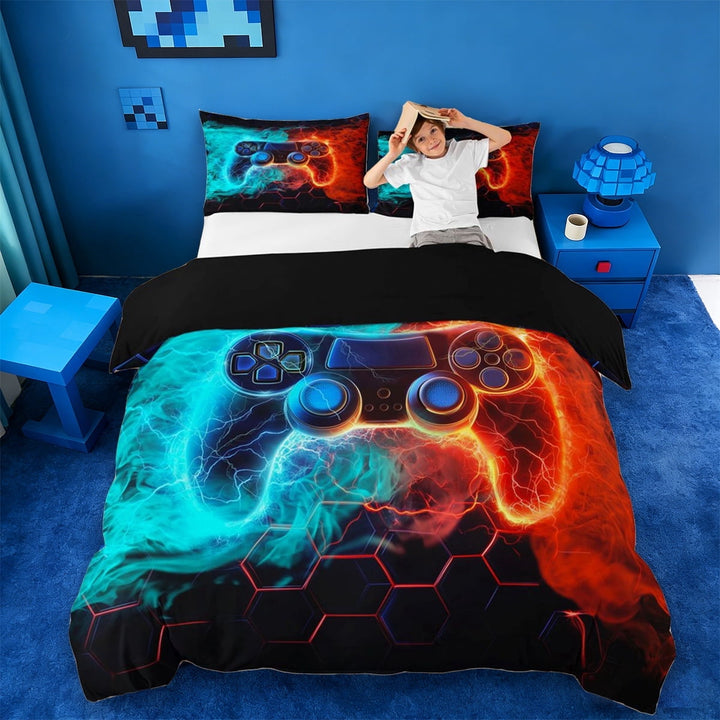 Erosebridal Teens Video Gaming Queen Duvet Cover Set For Boys,Blue Red Gradient Gamepad Bedding,Reversible Black 3 Pieces,No Comforter