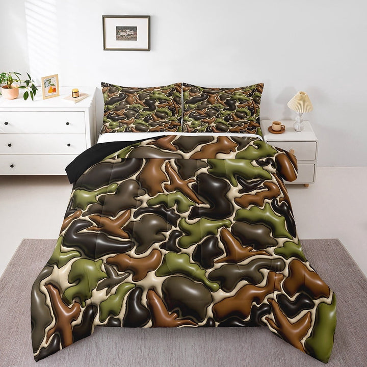Erosebridal Black Brown Green Bedding Sets Twin with Comforter, 3D Camouflage Camo Duvet Insert, Reversible 2 Pieces
