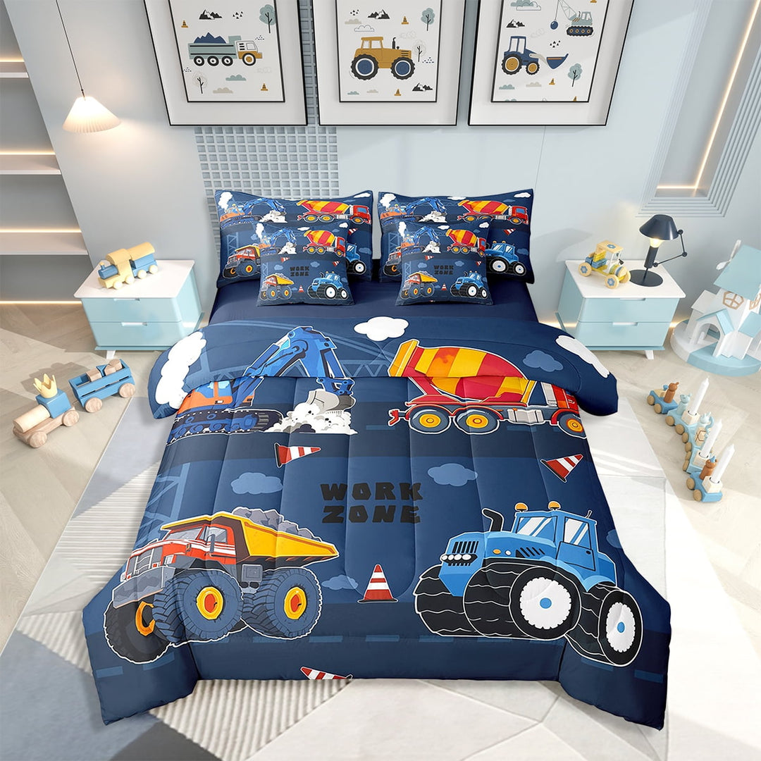 Erosebridal Truck 7 Piece Bedding Sets Excavator Comforter Bed in a Bag Cartoon Car Printed Quilt with Sheet Set,Teen Bedroom Decor,Twin 7Pcs