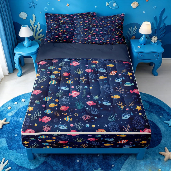 meiyoeat watercolor Tropical Fish Zipper Full Size Comforter Sets with Fitted Sheet and 2 Pillowcases,Seabed Print Zipper Bedding Set,Navy Blue Reversible,4-Piece