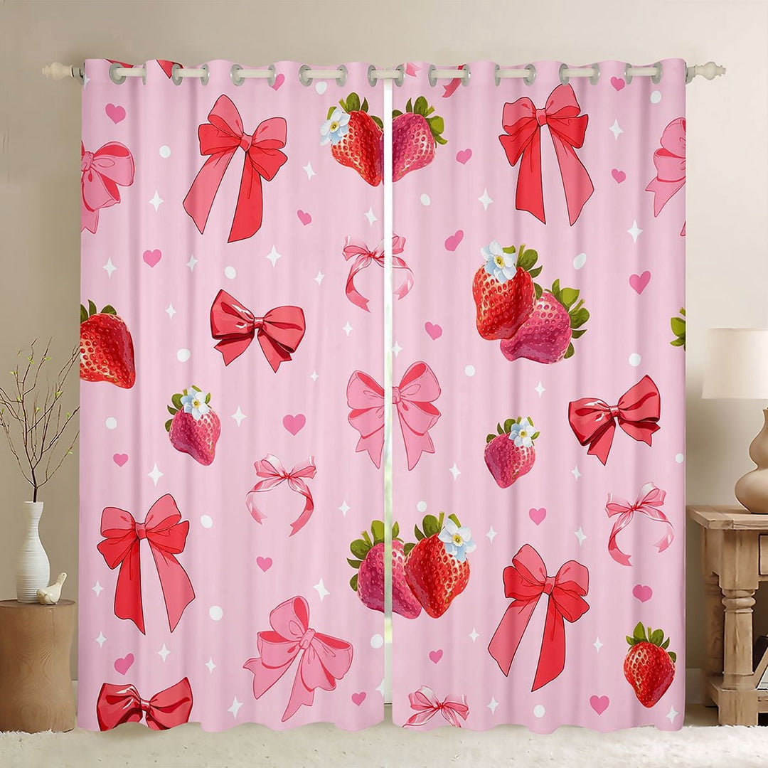 Erosebridal Pink Strawberry Bow Curtains Pack of 2 (42x84 Each) for Girls, Cute Strawberry Ribbon Curtains Blackout