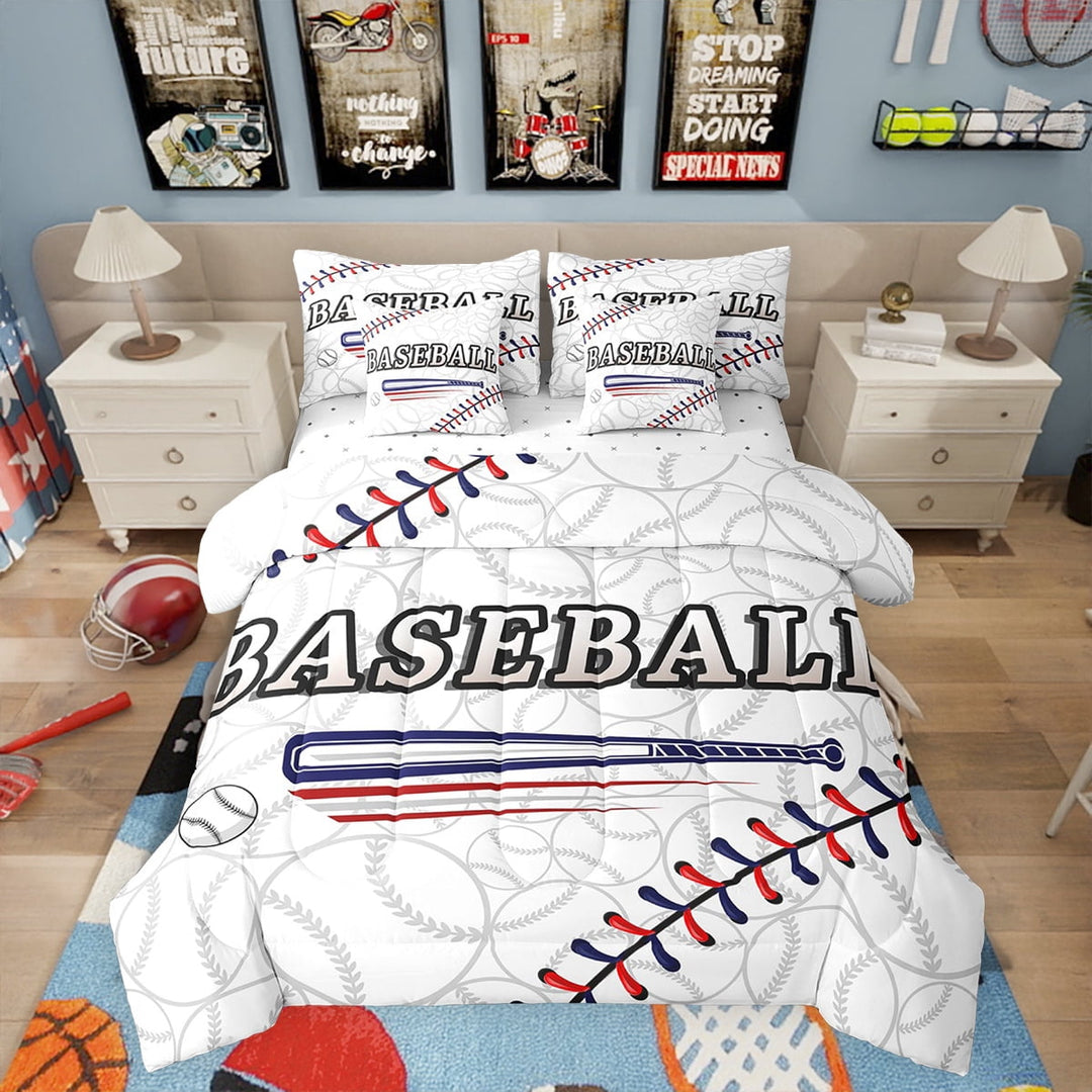 Full Size Baseball Bedding Set Sports Themed Comforter 7 Pieces Soft Microfiber Sheet Set Ball Gaming Court Print Bed Set With 2 Pillow Cases,White Blue Red