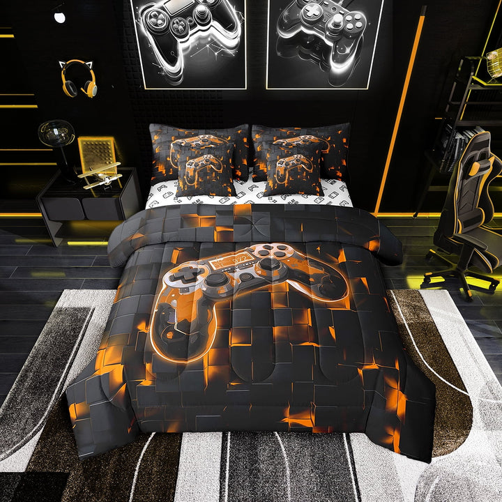 Gamer Comforter Set Bed-in-a-Bag 7Pcs Game Console Bedding Twin 3D Orange Geometry Square Gaming Comforter Sets with Sheets, Cool Gamepad Gamer Controller Quilt Set