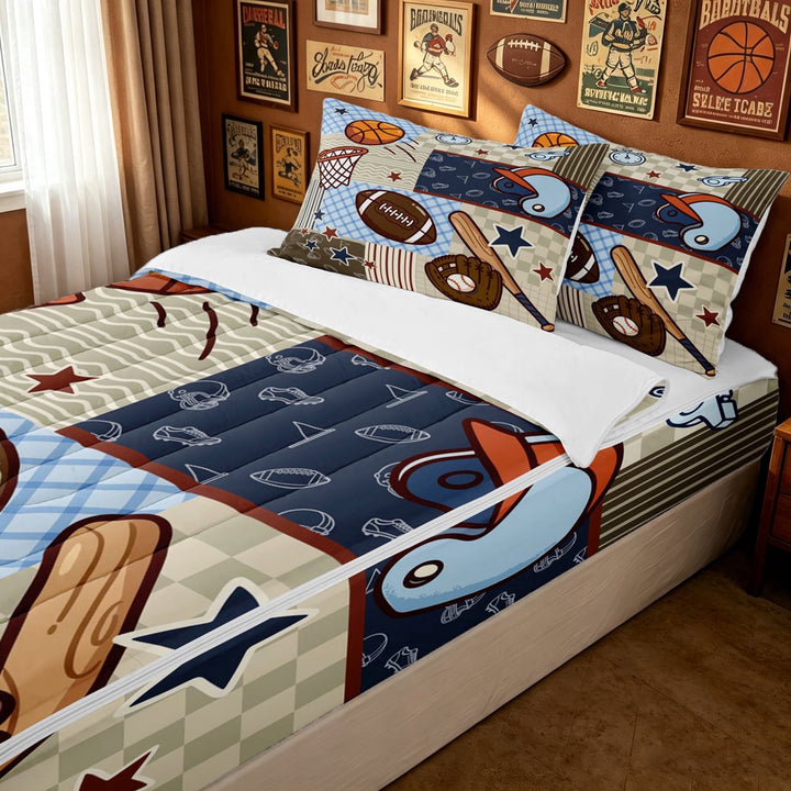 meiyoeat Cartoon Sport Helmet Zipper Full Size Comforter Sets with Fitted Sheet and 2 Pillowcases for Boys, Blue Brown Patchwork Rugby Zipper Bedding Set, 4-Piece