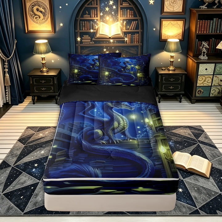 meiyoeat Moon Forest Library Dragon Zipper Comforter Set with Fitted Sheet and 2 Pillowcases for Boys Girls Kids, Vintage Book Animal Zipper Bedding Set, Blue, Black Reversible, 3 Pieces