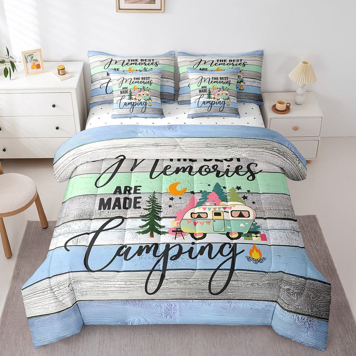 Erosebridal Happy Camping Bedding Sets Twin Size,Rustic Cabin Comforter Sets with Sheets,Adventure Camper Bed in a Bag Twin size,Lightweight Lodge Room Decor,Reversible,7pcs