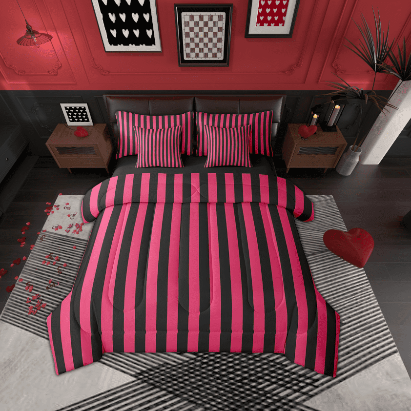 Erosebridal Stripes Ombre Bedding Sets Twin Size, Abstract Comforter Sets with Sheets, Modern Geometric Reversible Bedding Twin Size, Microfiber Room Decorative, 7pcs