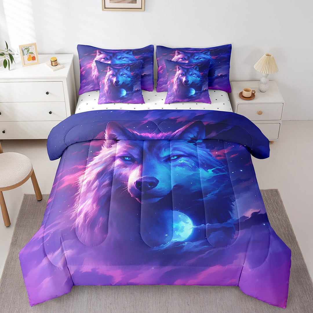 Gothic Wolf Comforter Set 7 Piece Bed in a Bag Twin Sun and Moon Galaxy Sheet Set with Comforter,Goth Woodland Animals Bedding Sets,Exotic Wildlife Bed Set,Boho Decor