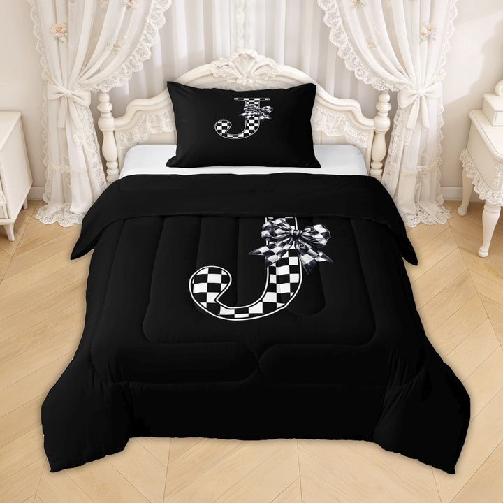 Erosebridal Checkered Bow Letter J Twin Comforter Sets for Girls, Black White Ribbon Bedding Set, Black Reversible, 2 Pieces