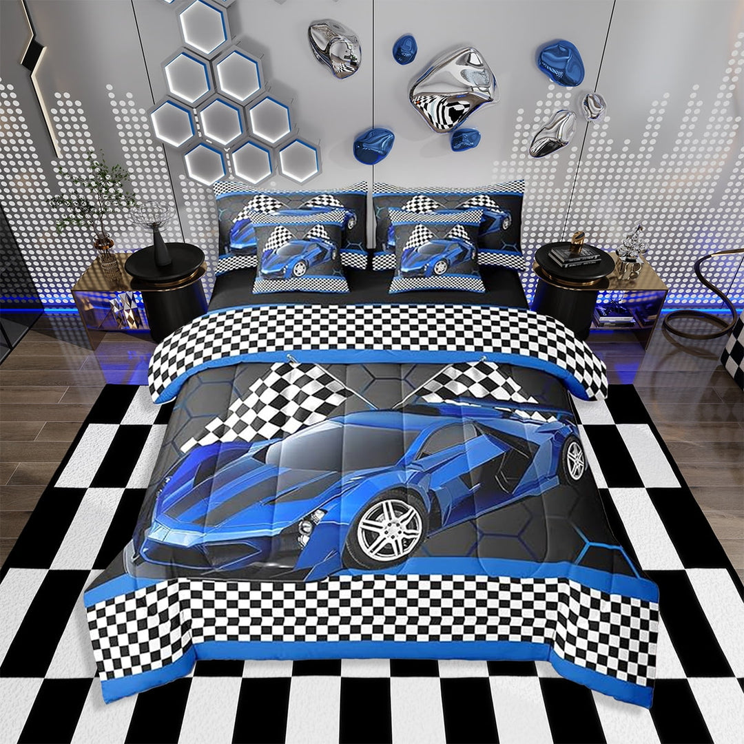 Erosebridal Race Car Twin Comforter Set with Sheets Black White Checkered Flag Print Bed in a Bag Extreme Sports Bedding Set 7 Piece Honeycomb Speed Sports Car Blue Bed Set