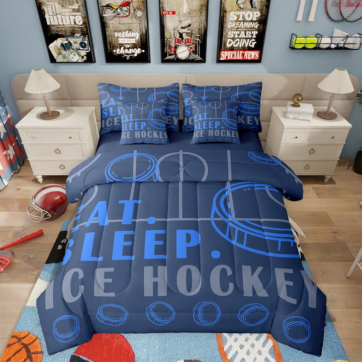 Ice Hockey Bed in a Bag Twin Sport Game Ball Theme Comforter Set with Sheets Ice Hockey Room Decor Bed Set Sports Bedding Sets Teen Winter Sports Sheets 7 Pcs Navy Blue