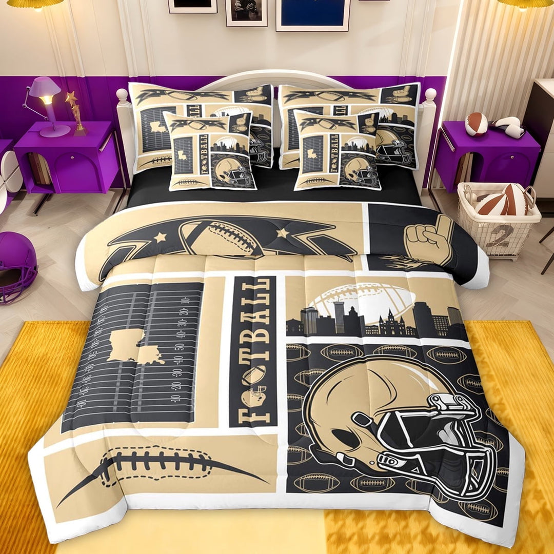 jejeloiu American Rugby City 7-Piece Twin Bedding Sets,Gold Sport Helmet Bedding Comforter Set For Kids Reversible