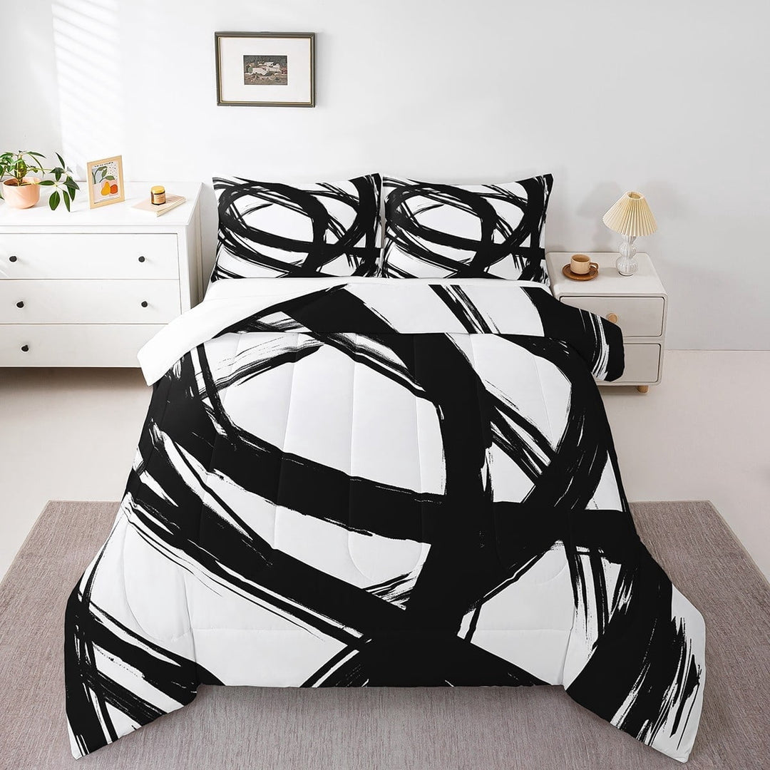 Erosebridal Geometric Stripes Bedding Sets Full with Comforter,Abstract Artwork Duvet Insert,Black White Comforter Sets Full Size,Ultra Soft Watercolor Bedroom Decorative,3pcs
