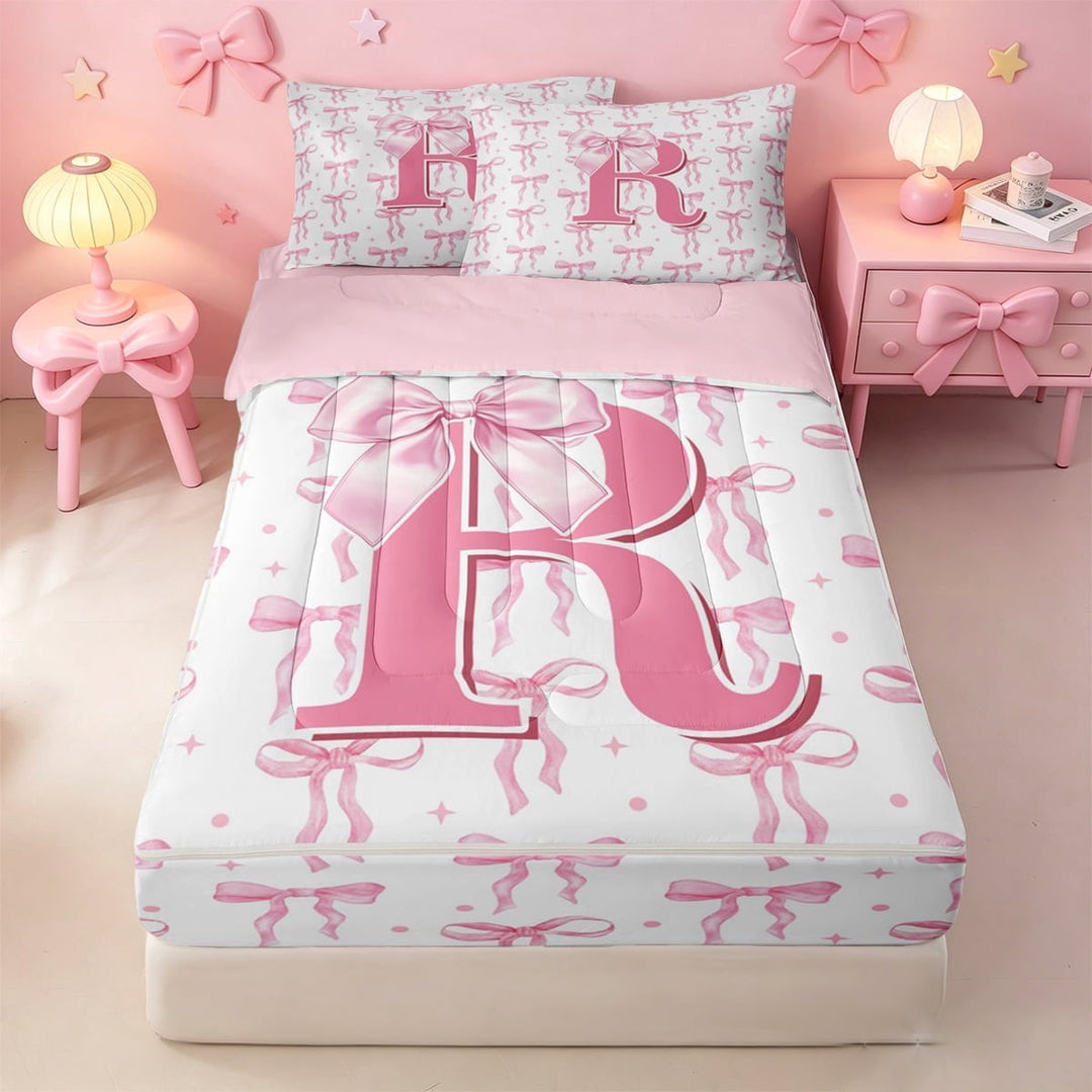 meiyoeat Bow Initial Print R Zipper Twin Comforter Sets with Fitted Sheet and 2 Pillowcases For Girls, Pink Princess Bowknot Alphabet Art Zipper Bedding Set For Kids,pink Reversible,4-Piece