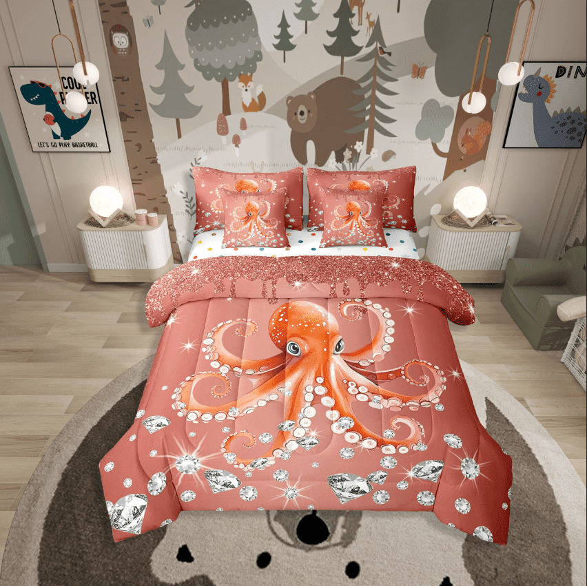 Erosebridal Sealife Octopus Bedding Sets Twin Size,Crystal Glitter Comforter Sets With Sheets,Sequin Print Decoration,Reversible,Breathable,7Pcs