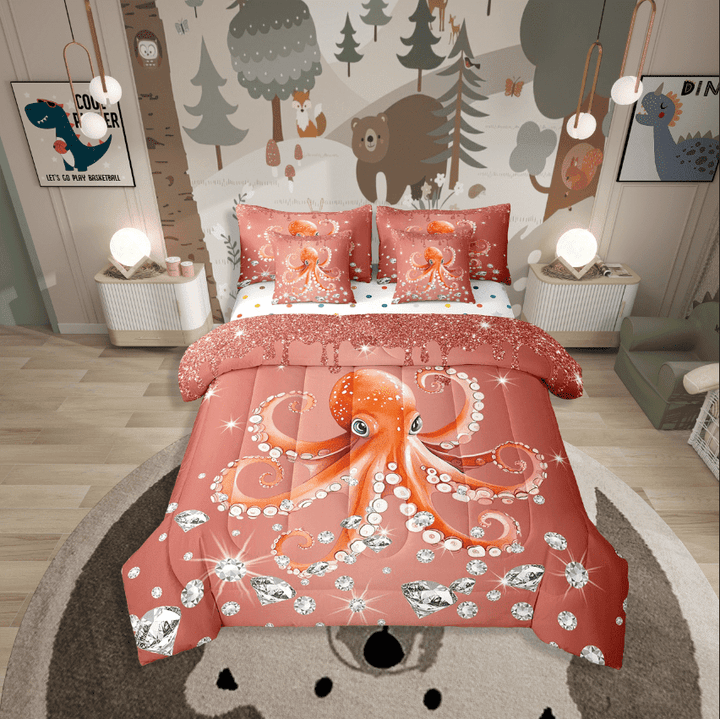 Erosebridal Sealife Octopus Bedding Sets Twin Size,Crystal Glitter Comforter Sets With Sheets,Sequin Print Decoration,Reversible,Breathable,7Pcs