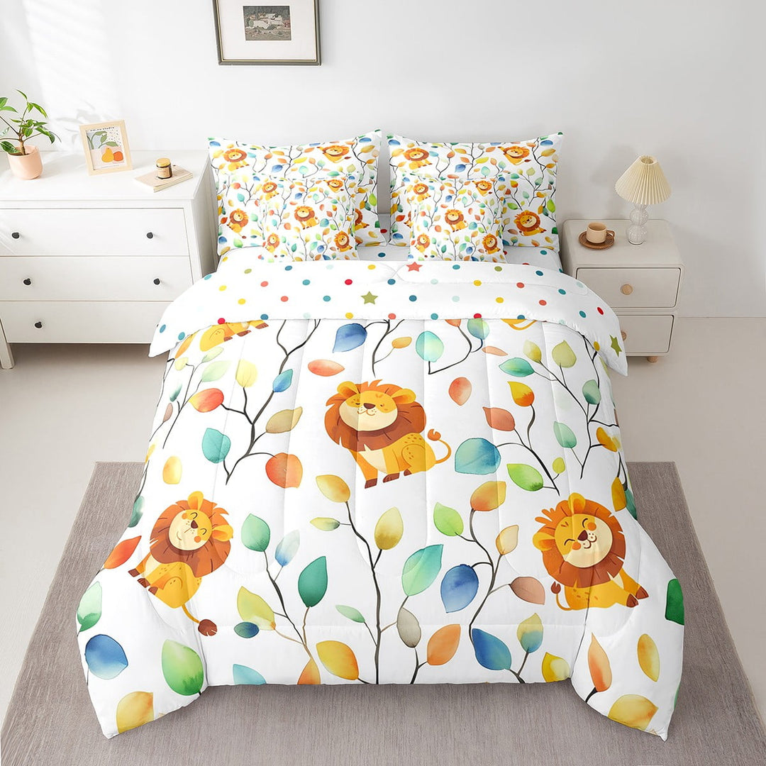Erosebridal Cute Lion Bed in a Bag 7 Pieces Hippie Floral Bedding Set, Chic Flower Twin Size Comforter Set Watercolor Leaves Bedding Comforter Sets, Woodland Wildlife Bed Set