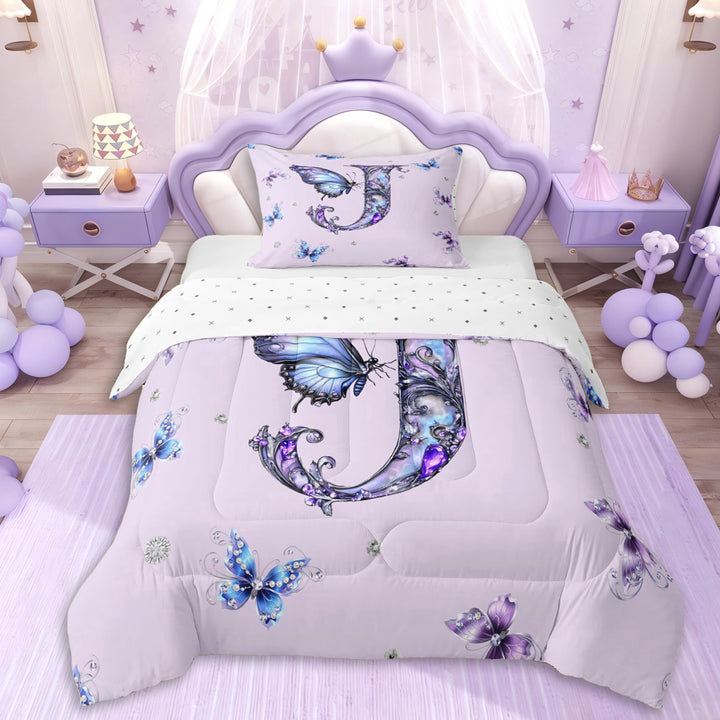 Erosebridal Teens Elegant Personalized J Initial Twin Comforter Sets 3-Piece,Girls Blue Purple Crystal Butterflies Bedding Set,Microfiber Bedroom Decor