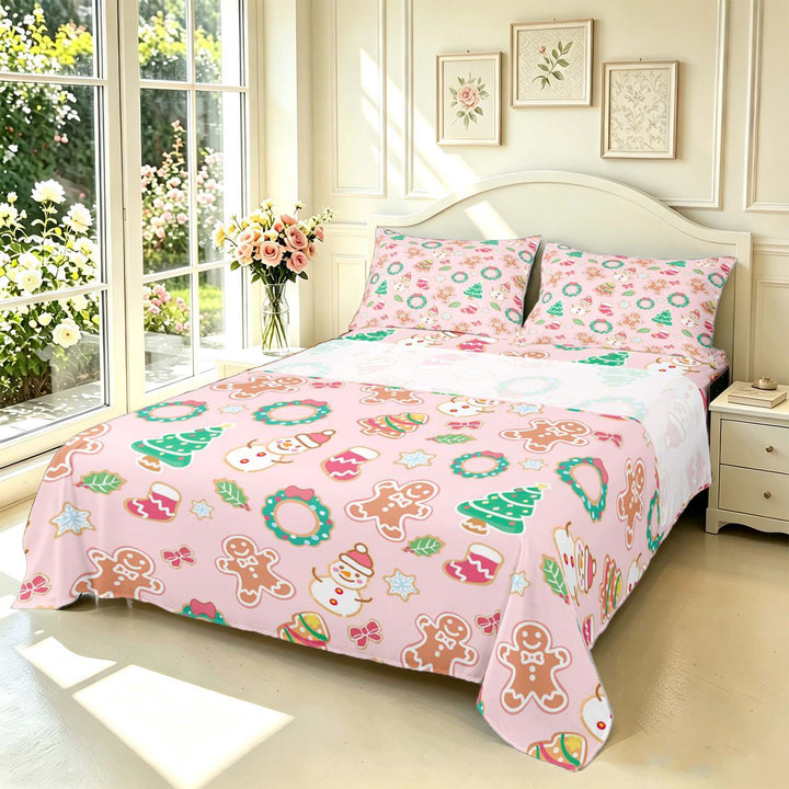 Manfei Cute Gingerbread Men Bed Sheets,Festive Christmas Full Size Sheets,Pink,4 Pieces,1 Flat Sheet,1 Fitted Sheet and 2 Pillowcases