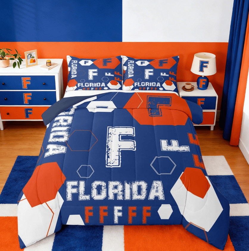 Manfei Florida Monogrammed F Full Size Comforter Sets,Geometric Hexagon Bedding Comforter Set,Blue Orange White Bedding Sets For Boy Teens,Ultra Soft Bedroom Decor Reversible,3-Piece