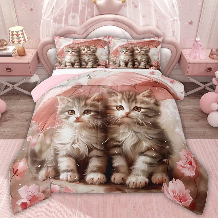 Erosebridal 3D Cat Print Queen Comforter Set for Kid, Romantic Flower Bedding Comforter Set, Pink Reversible, 3pcs
