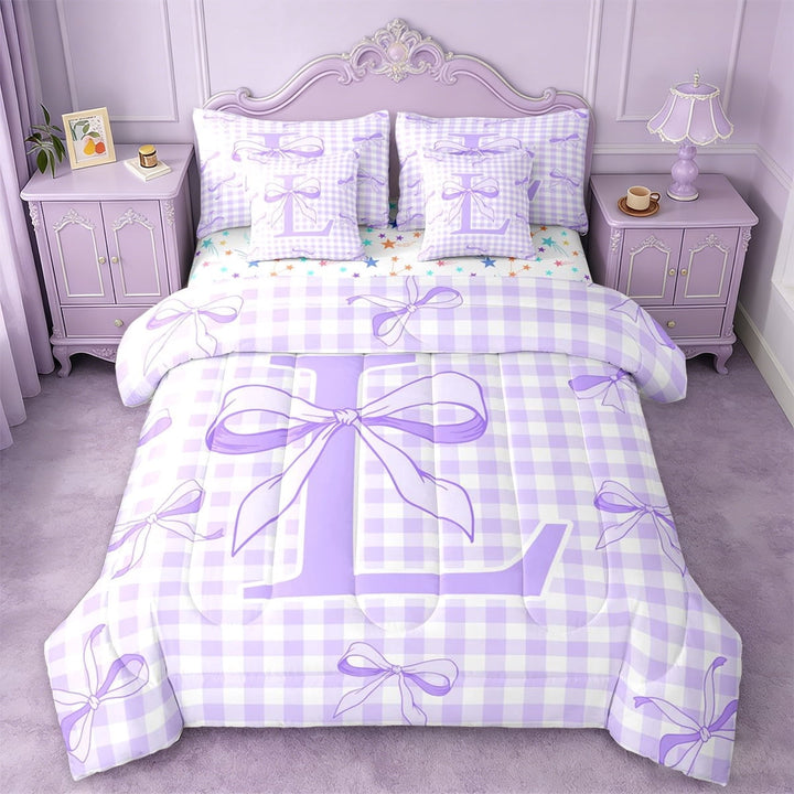 Erosebridal Letter L Monogrammed 7-Piece Twin Bedding Sets,Purple Chic Bow Bedding Comforter Set For Kids Girls,Colorful Stars Reversible