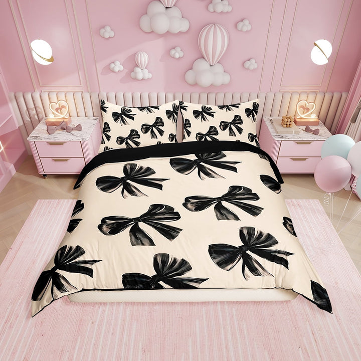 Bow Bedding Set King Black Bow Tie Comforter Cover Teen Adults Room Decor,Watercolor Bowknot Duvet Cover Black White Simple Decor Bedspread Cover