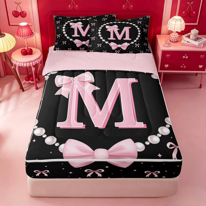 meiyoeat Lovely Bow Tie Zipper Full Size Comforter Sets with Fitted Sheet and 2 Pillowcases For Bow Girls,Pink Initial Letter M Zipper Bedding Set For Kids,Pink Reversible,4 Pieces