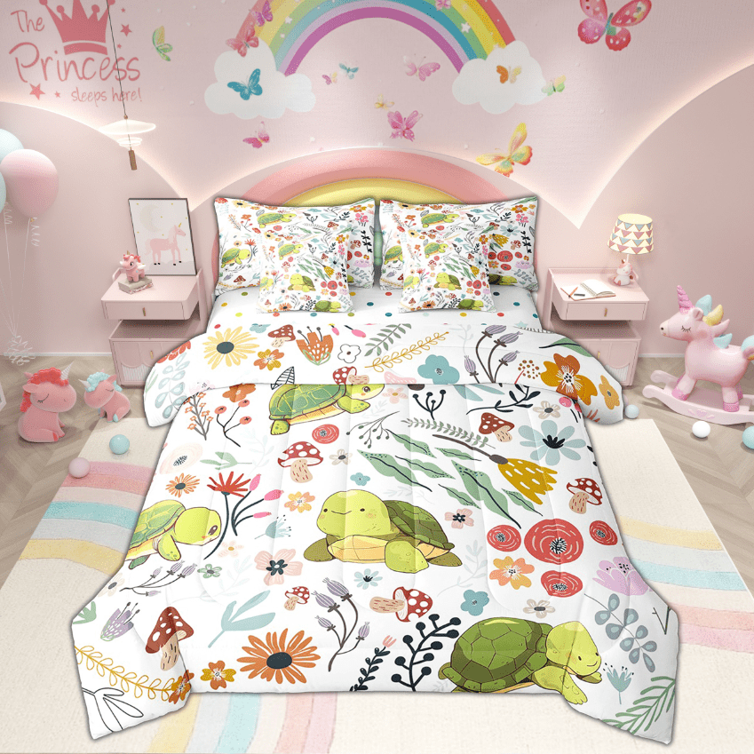 Kawaii Sea Turtle Comforter Set 7 Piece Bed in a Bag Twin,Mushroom Floral Cartoon Animal Bedding Sets Watercolor Flowers Leaves Sheet Set with Comforter
