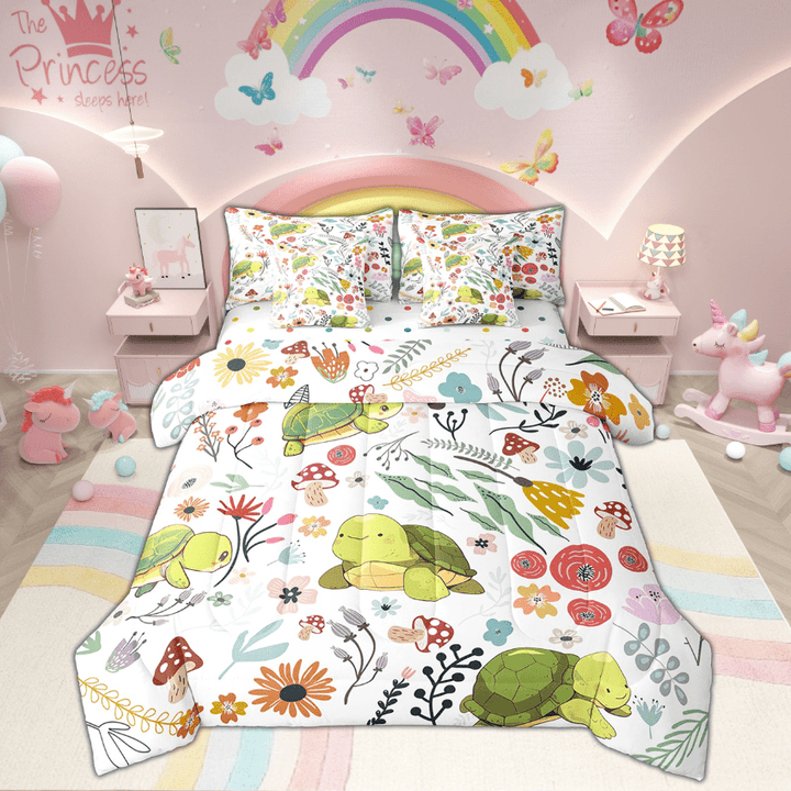 Kawaii Sea Turtle Comforter Set 7 Piece Bed in a Bag Twin,Mushroom Floral Cartoon Animal Bedding Sets Watercolor Flowers Leaves Sheet Set with Comforter
