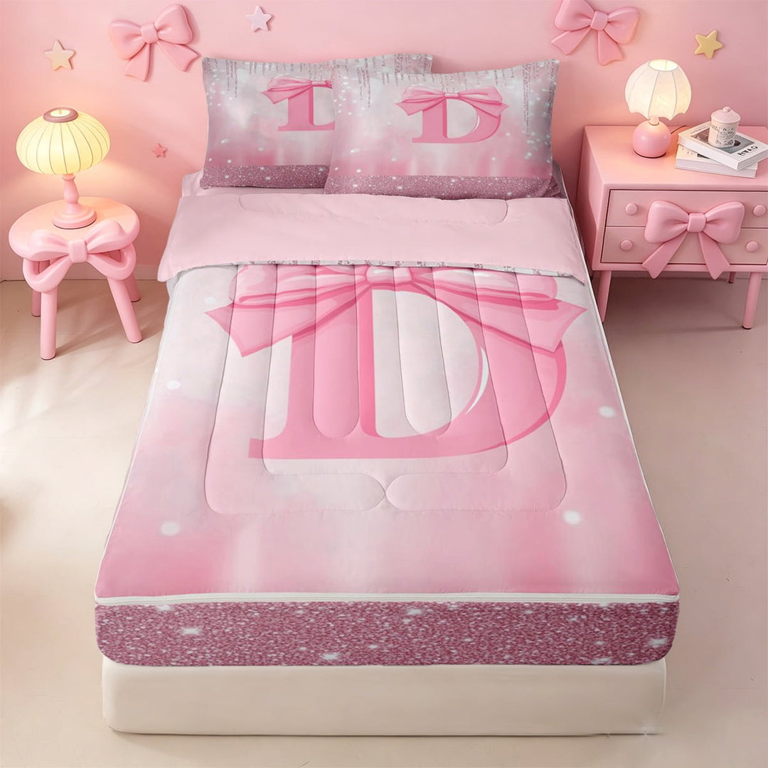 meiyoeat Pink Bow Initial Letter D Zipper Full Size Comforter Sets with Fitted Sheet and 2 Pillowcases For Girls,Dreamy Princess Style Zipper Bedding Set For Kids,Pink Reversible,4 Pieces