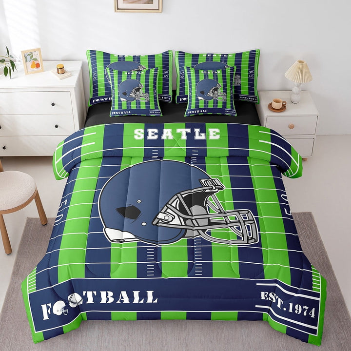 Erosebridal Rugby Sports Bedding Twin Size,Seatle Bed Set,Green Blue Bedding Sets Twin Size For Teens,Breathable Room Decoration Reversible,7pcs