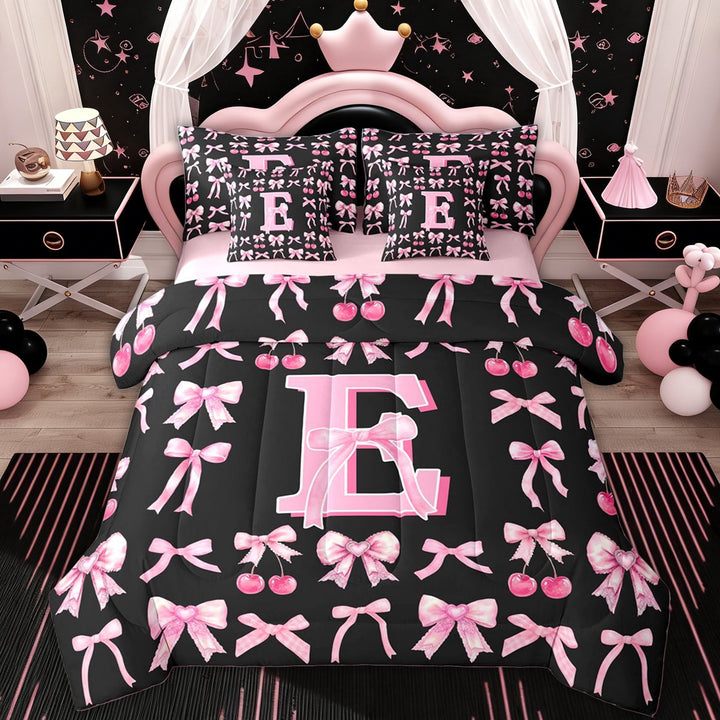 Erosebridal Black Pink Bow Girl Twin Bedding Sets, Initial E Letter Bedding Comforter Set, 7pcs