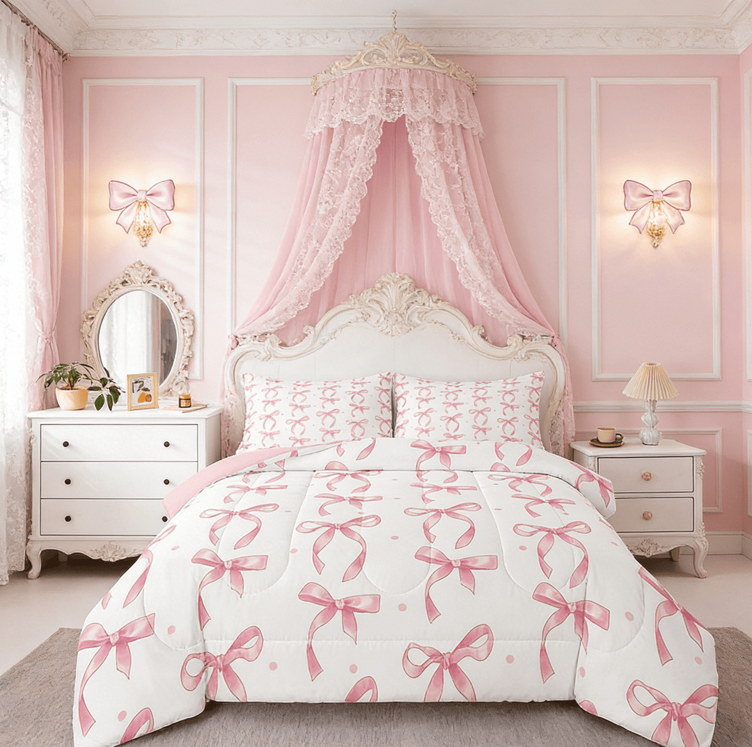 Erosebridal Pink Bowknot Bedding Full Comforter Set, Cute Princess Down Comforter, Bow Tie Decor, Reversible 3 Pieces